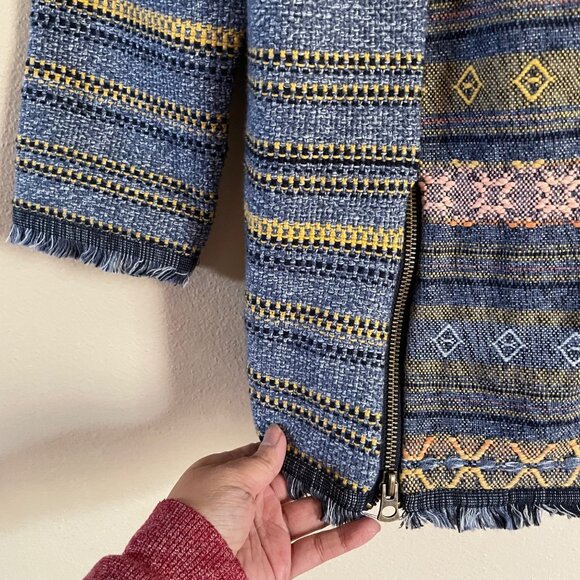 LUCKY BRAND Womens Chunky Tweed Boho Sweater Crochet Bottom Fray Blue Size L - Picture 5 of 12